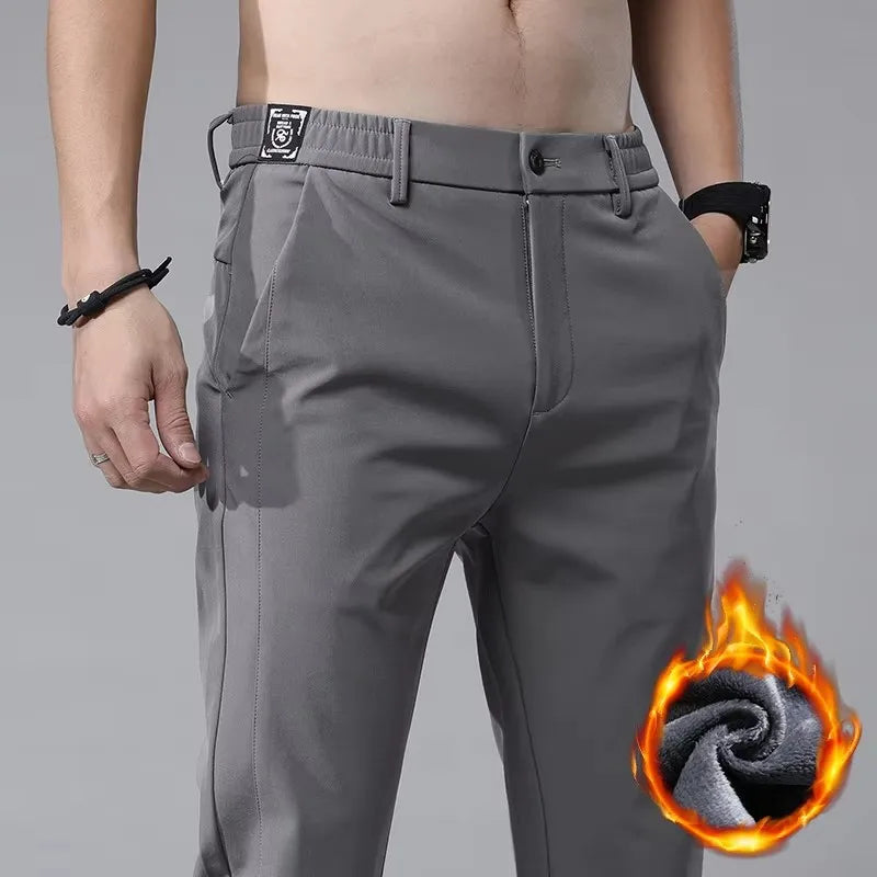 Winter Fleece Golf Casual Pants Men Business Slim Stretch Jogger Thick