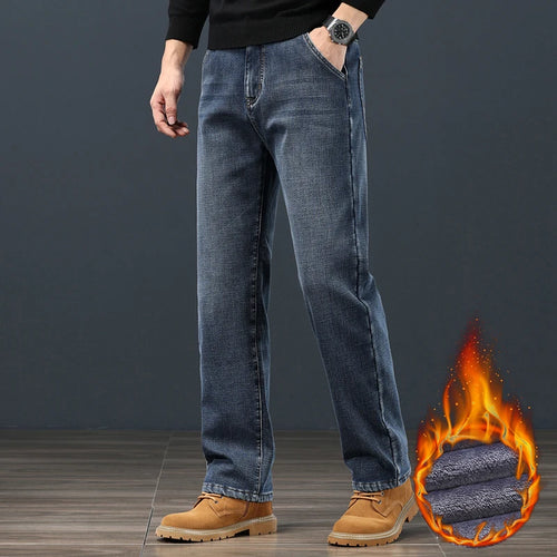 Winter Fleece Men Jeans Classic Loose Straight Warm Thicken Trousers