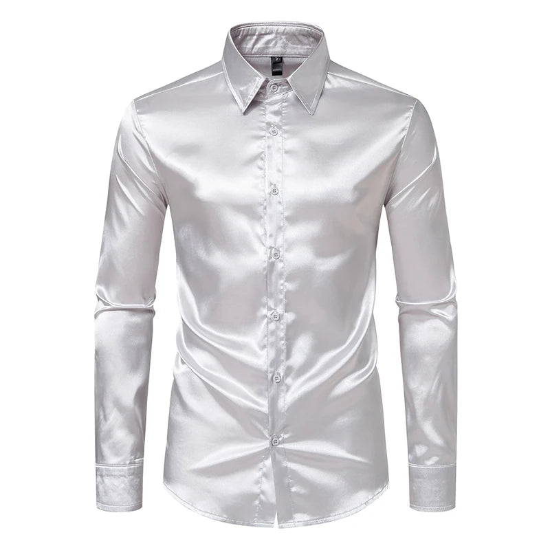 Men's Black Satin Luxury Dress Shirts Fashion Silk Smooth Tuxedo Shirt