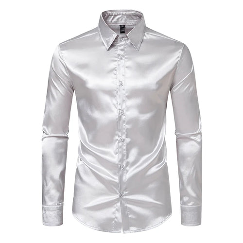 Men's Black Satin Luxury Dress Shirts Fashion Silk Smooth Tuxedo Shirt