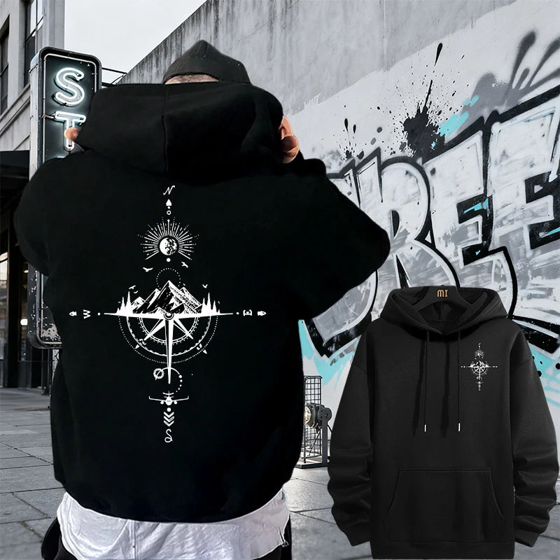 Vintage Compass Print Hoodies for Men High Quality Hooded Long Sleeve