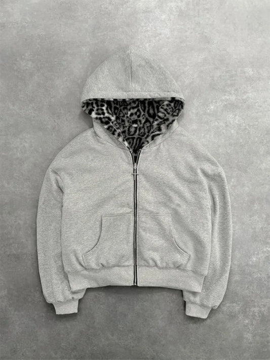 Autumn/Winter Leopard Grey Double sided Zipper Hoodie Men's Casual