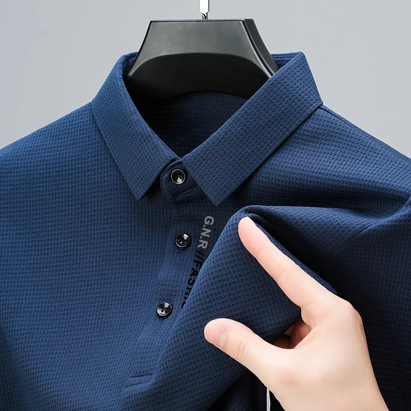 Men's Waffle Long Sleeved POLO Shirt with Letter Printed Lapel Casual