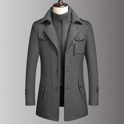 Men's Double Collar Wool Coat  Fashion Handsome Autumn Winter Business