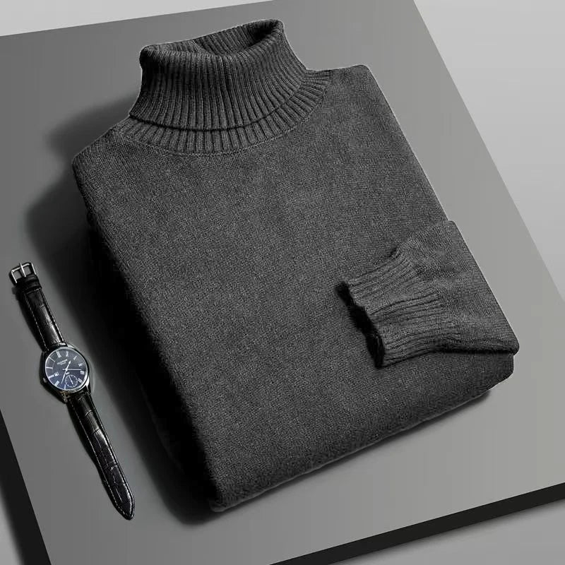 Autumn Mens High Quality Knitted Turtleneck Sweater Slim Fit Long