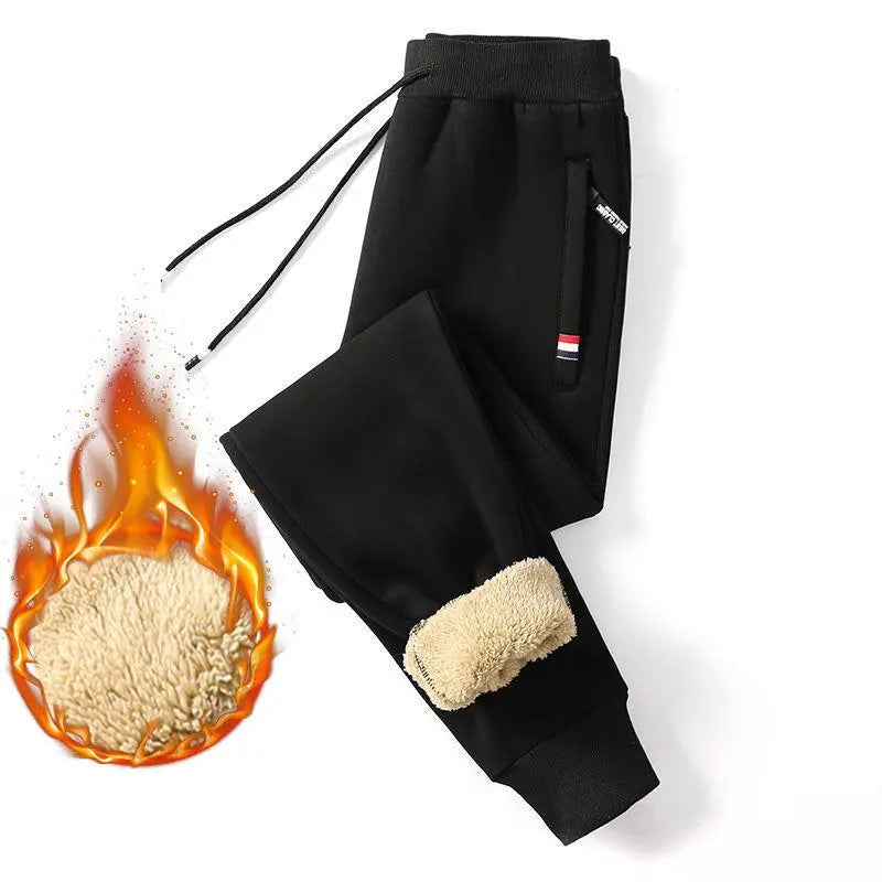 Winter Men's Cotton Tight Track Pants Fleece-Lined Thick Lambskin