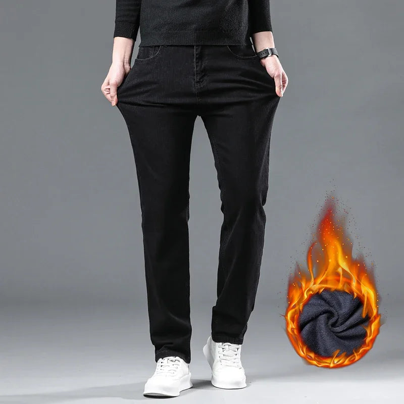 WTHINLEE Winter Men Black Straight Stretch Denim Thick Velvet Pants