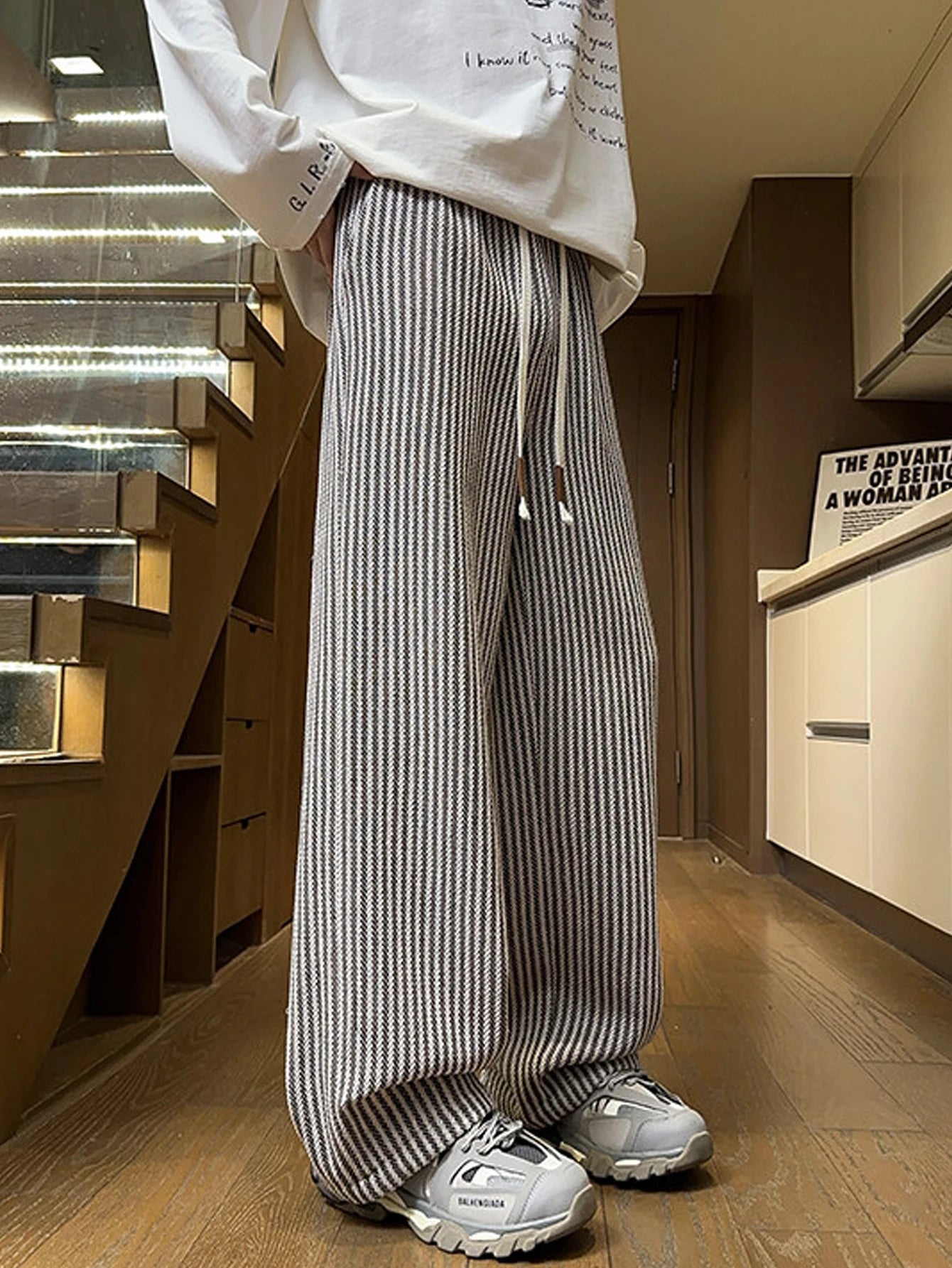 Men's autumn casual striped pants, woven pants, with drawstring