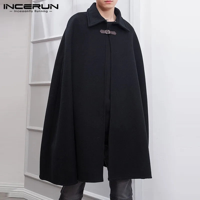INCERUN Fashion Men Cloak Coats Lapel Solid Color One Button Cape