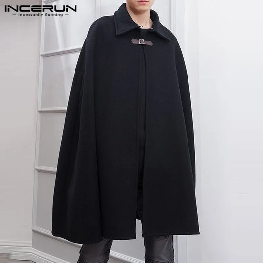 INCERUN Fashion Men Cloak Coats Lapel Solid Color One Button Cape