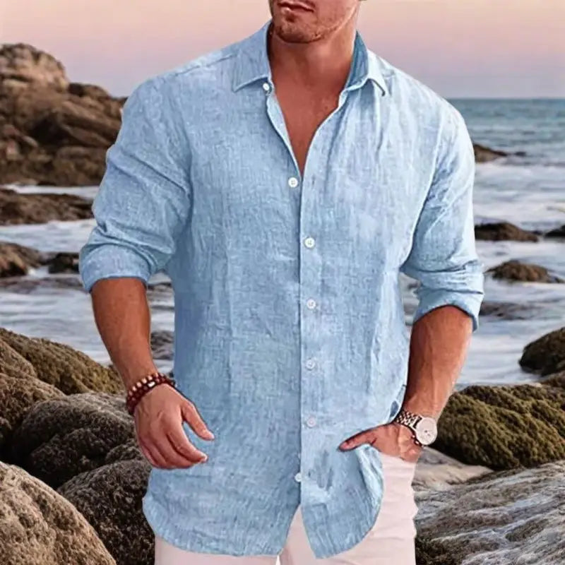 New men's cotton linen autumn hot long-sleeved shirt solid colour