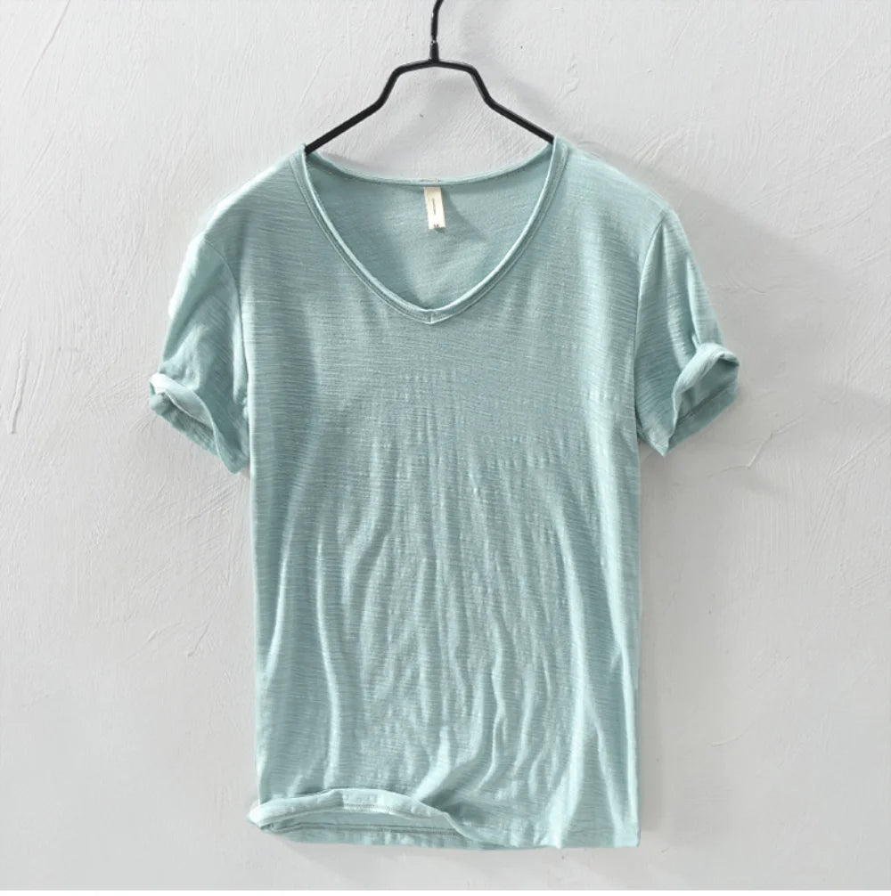 New Mens T Shirt Pure Color V Collar Short Sleeved Tops Tees Men