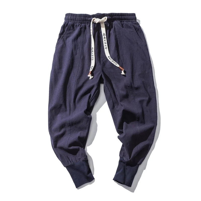 Cotton Linen Harem Pants Men Solid Elastic Waist Streetwear Joggers