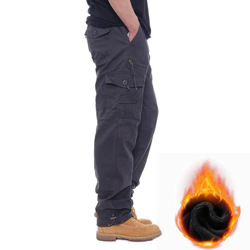 Autumn Winter Mens Cargo Pants Fleece Warm Trousers Cotton Pants