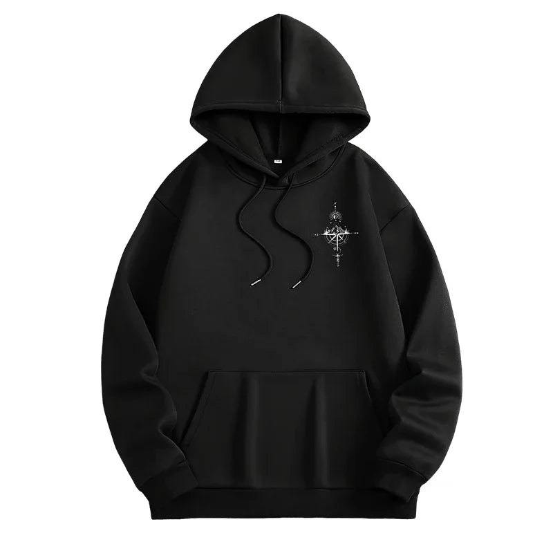 Vintage Compass Print Hoodies for Men High Quality Hooded Long Sleeve