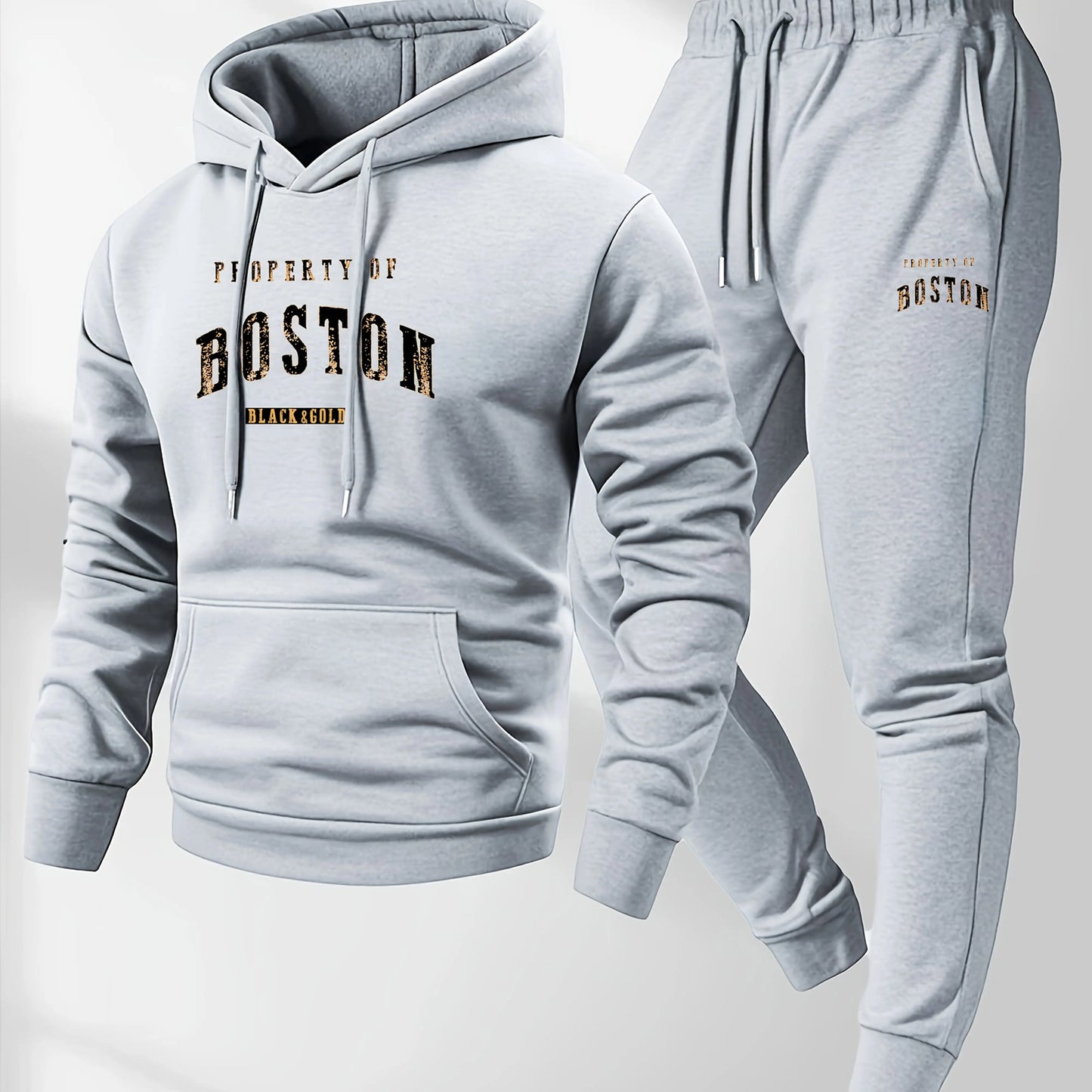 Men's Boston print hooded sweatshirt and sweatpants soft and