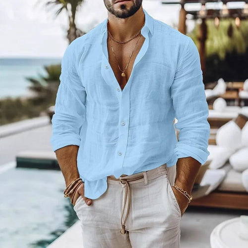 Cotton Linen Shirt for Men Summer Beach Style Solid Color Single