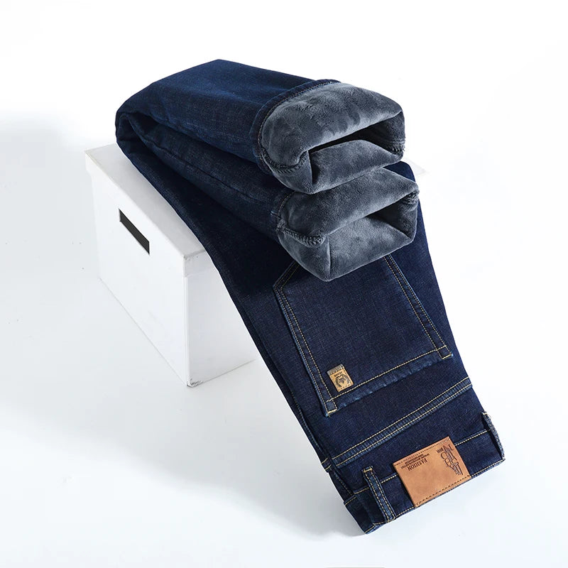 Winter Warm Fleece Jeans Men's Thick Thermal Casual Straight Denim