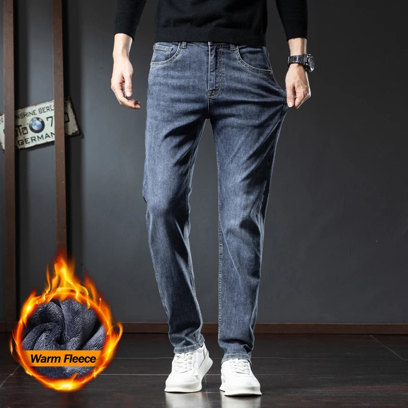 2025 Winter Fleece Jeans Men's Fashion Elastic Slim Straight Warm