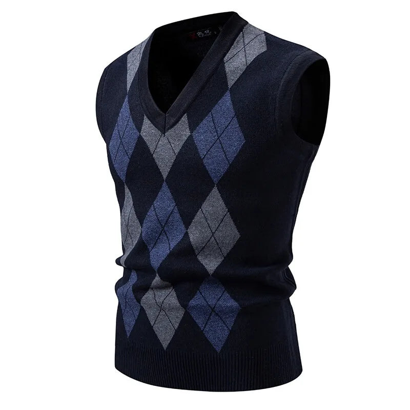 New Mens Argyle Knitwear Vest V Neck Sleeveless Casual Slim Fit
