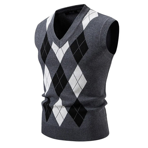 New Mens Argyle Knitwear Vest V Neck Sleeveless Casual Slim Fit