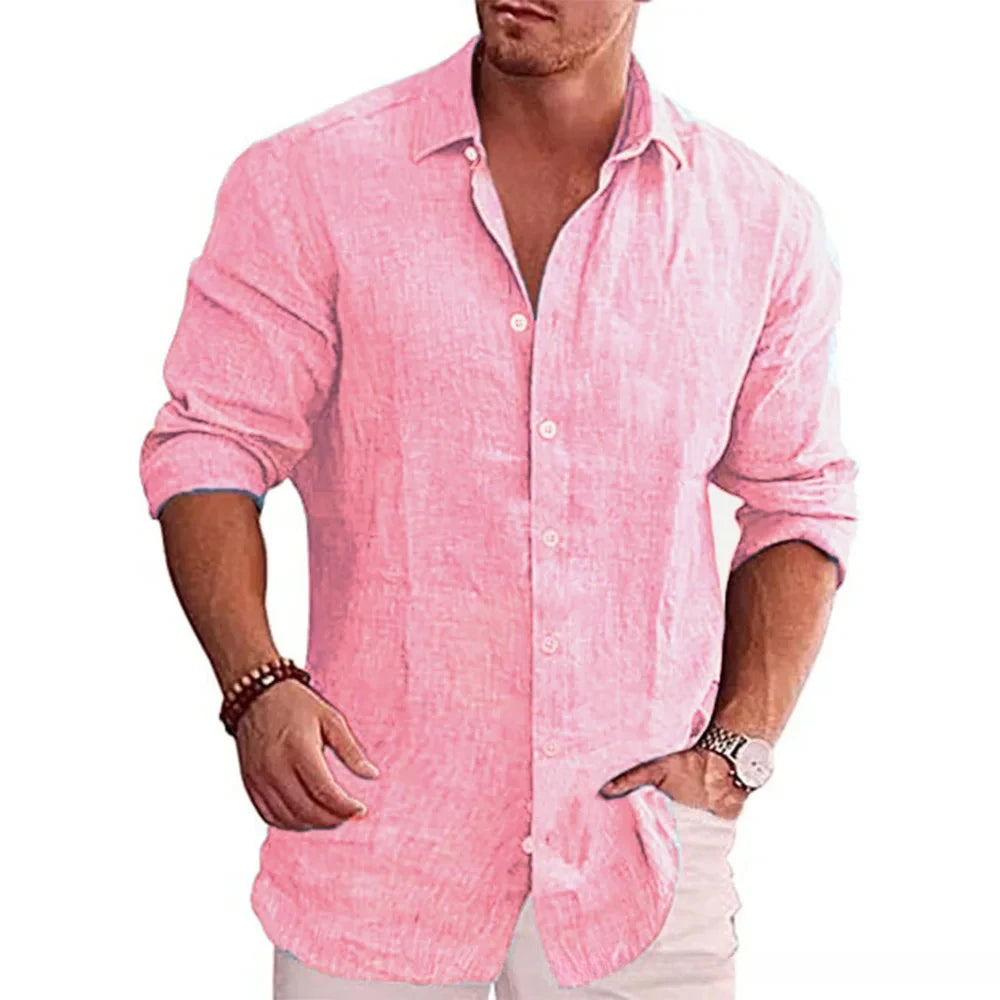 Cotton Linen Autumn Hot Selling Men's Long Sleeve Shirt Solid Color