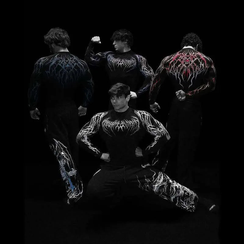 Men's Compression Sports Shirt  Gothic Lightning Print GYM Fitness Top