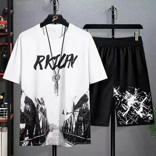 2024 Summer leisure Men set Manga Graffiti Tees T-shirt+shorts 2-piece