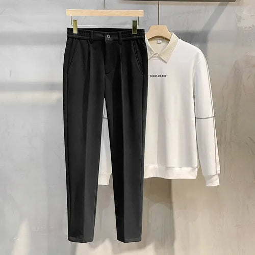 Autumn Winter Suit Pants Men Thick Business Elastic Waist Classic Grey