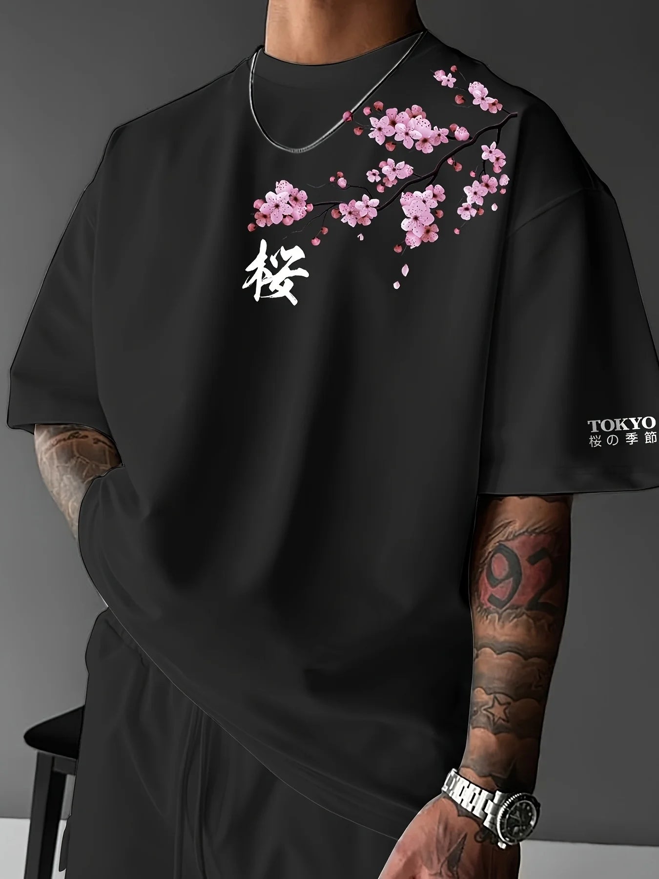 Summer Men Cherry Blossom Pattern Japanese Style Loose-Tee Shirt