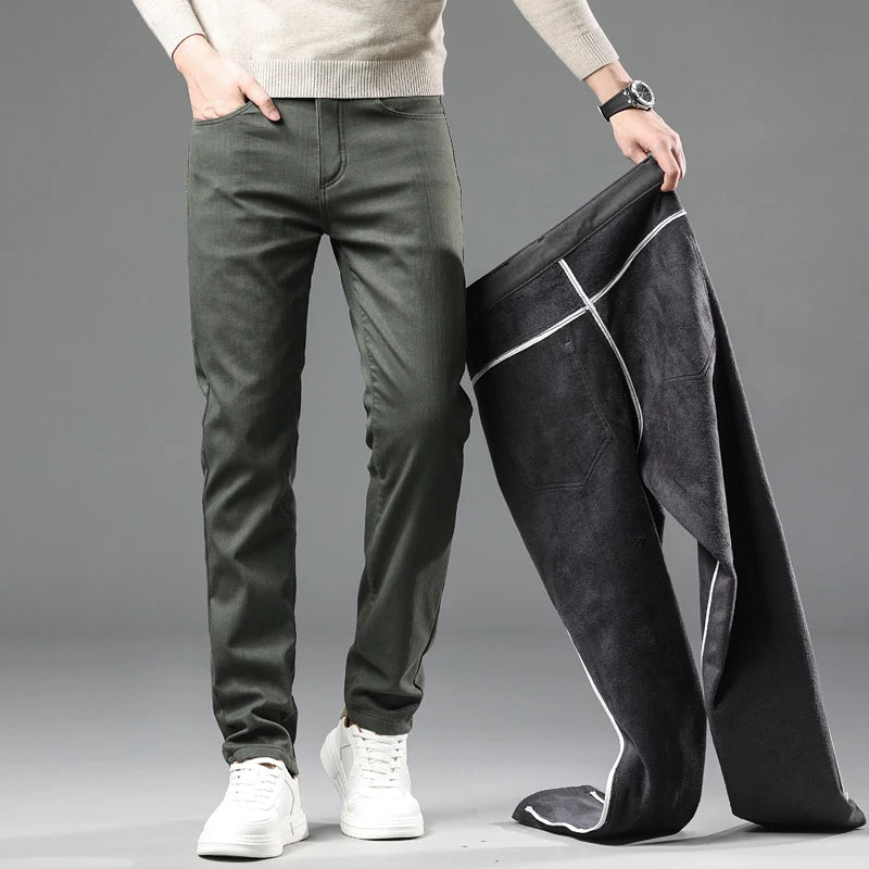 Winter New 2025 Fleece Pants Men's Thick Slim Elastic Business Casual