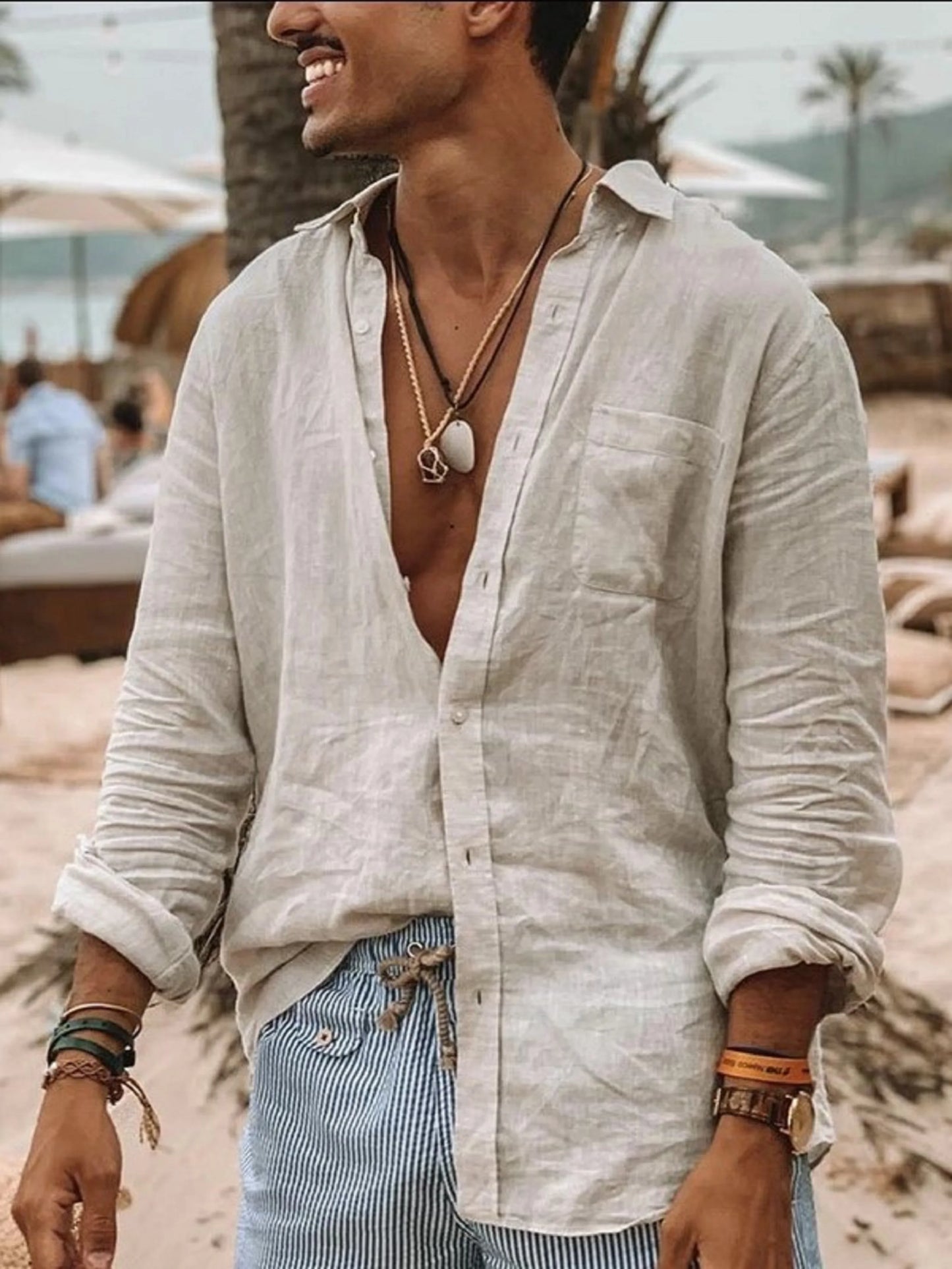 Men's casual fashion solid color thin long-sleeved shirt, lapel