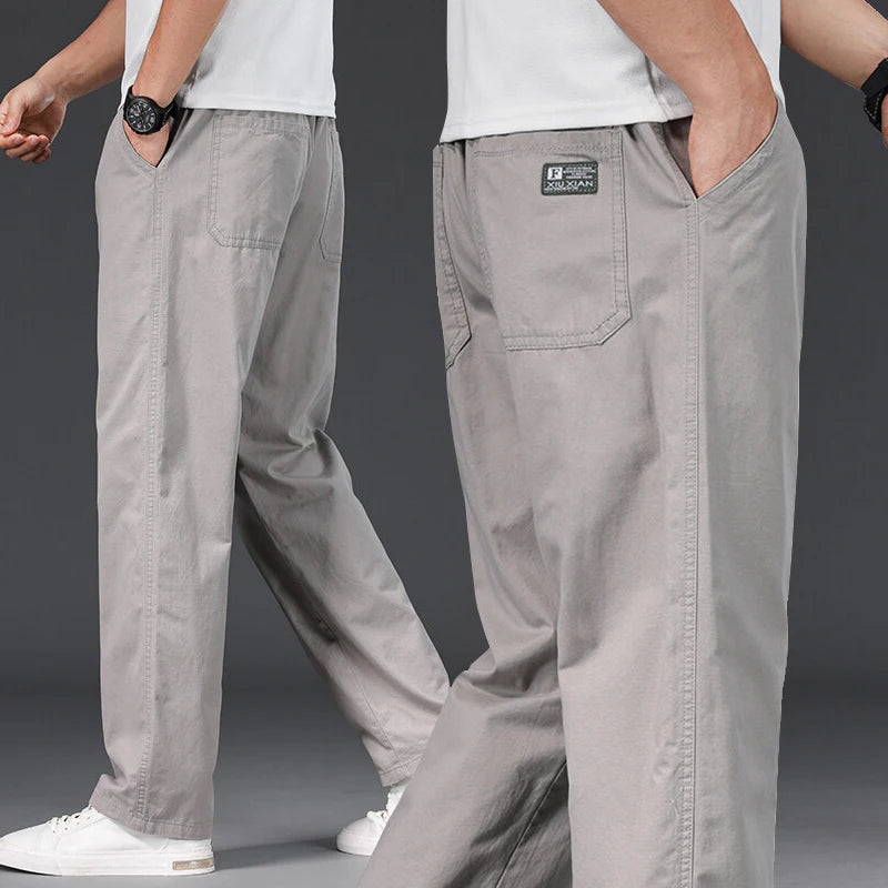 Big Size Mens Casual Pants Relaxed Fit Cotton Trousers Elastic Waist