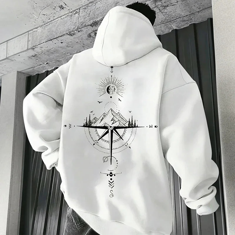 Vintage Compass Print Hoodies for Men High Quality Hooded Long Sleeve