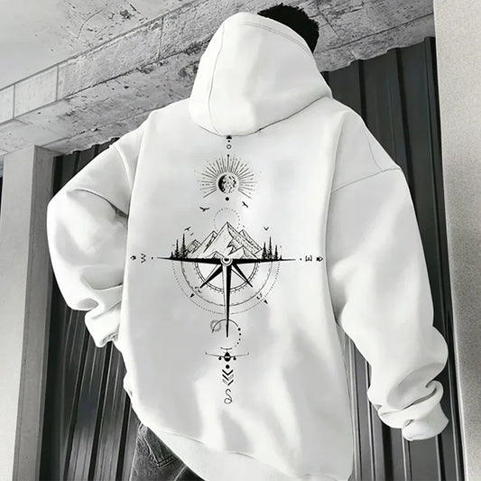 Vintage Compass Print Hoodies for Men High Quality Hooded Long Sleeve