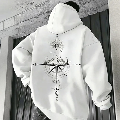 Vintage Compass Print Hoodies for Men High Quality Hooded Long Sleeve