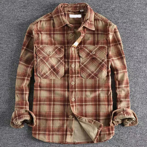 Japanese Vintage Men's Plaid Long Sleeve Shirt Spring Autumn Fashion