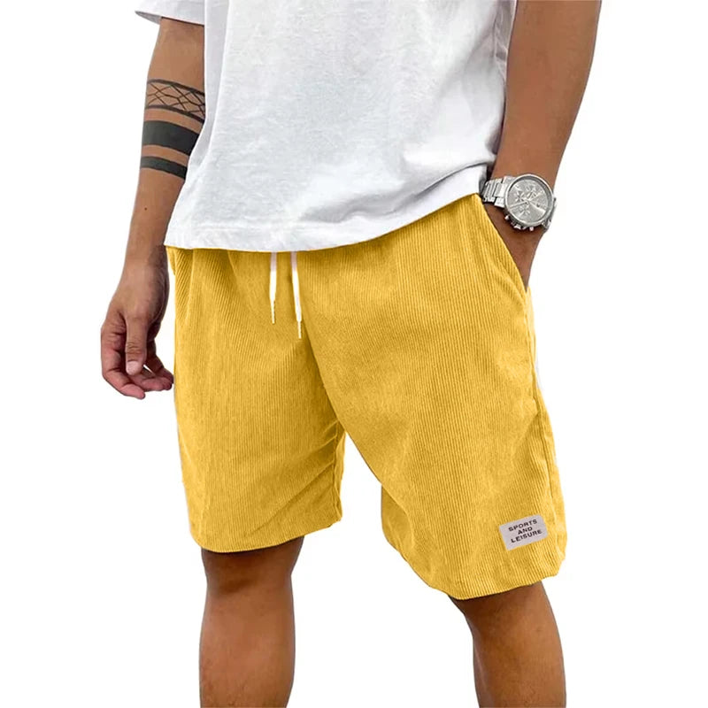 Summer Men's Solid Corduroy Shorts with Drawstring Casual Elastic