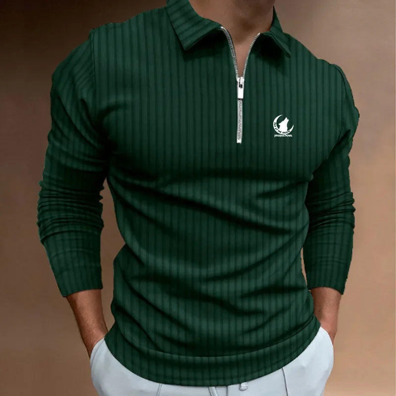 Men Clothes New Long Sleeve Zipper Stripe Polo Shirt Casual Men Polo