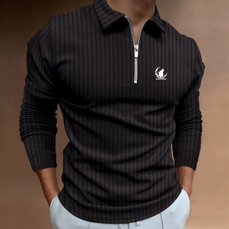 Men Clothes New Long Sleeve Zipper Stripe Polo Shirt Casual Men Polo