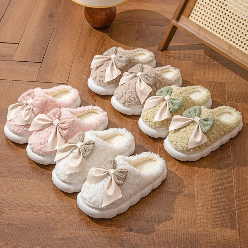 Winter Warm Fur Slippers for Women Cute bow House Non Slip Soft Shoes