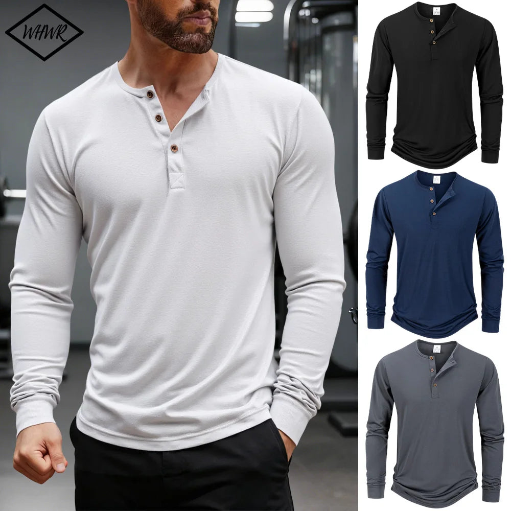 Men's T Shirt Autumn Button Long Sleeve Henley Neck T-Shirt Solid