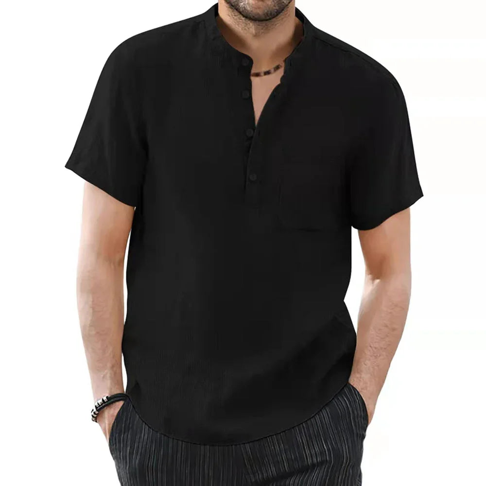 Men's Short Sleeve T-shirt Cotton and Linen Casual Men T-shirt Solid