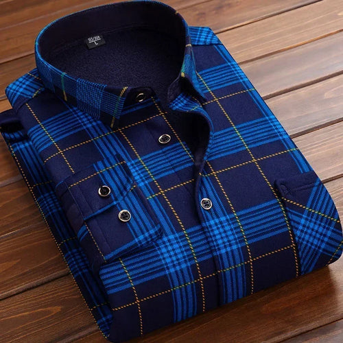 2024 Men's Winter Warm Long Sleeve Plaid Shirts Flannel Fur Lined