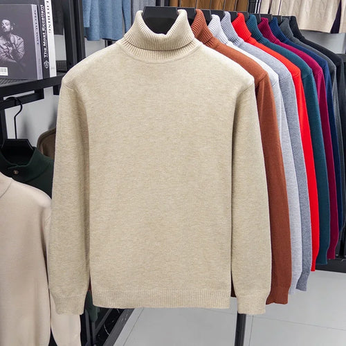 Autumn Mens High Quality Knitted Turtleneck Sweater Slim Fit Long