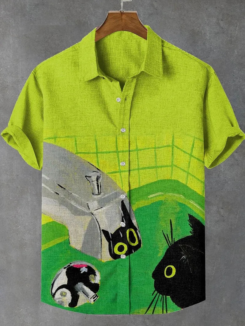 Men's Cat Graphics Shirts Short Sleeved Button Down Lapel Shirt For