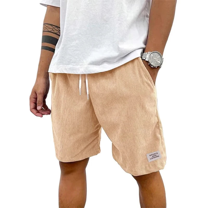Summer Men's Solid Corduroy Shorts with Drawstring Casual Elastic