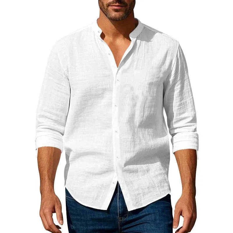 Cotton Linen Shirt for Men Henley Neck Solid Color Lightweight