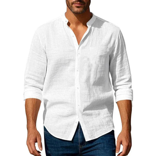 Cotton Linen Shirt for Men Henley Neck Solid Color Lightweight
