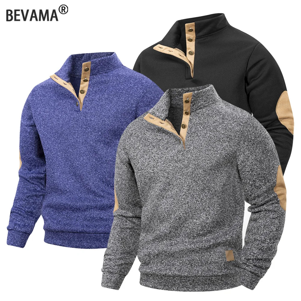 Spring Autumn Men's Casual Pullover Button Down Stand Collar Henley